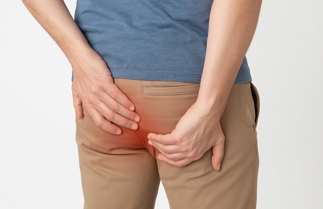 A person experiencing lower back or pelvic discomfort, with a red glow highlighting the affected area