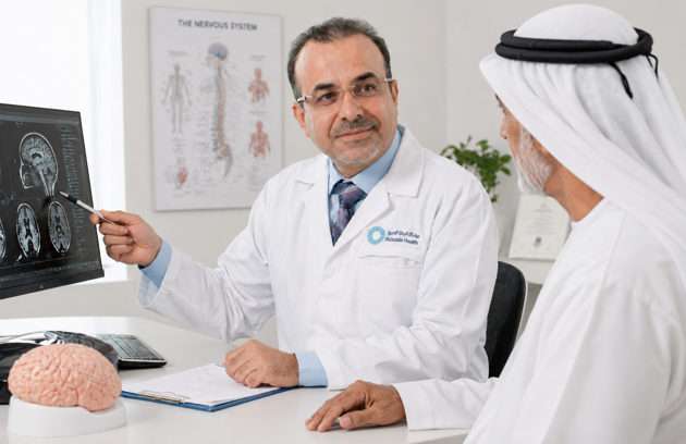 Mubadala Health neurologist reviewing brain MRI scan with patient in Dubai